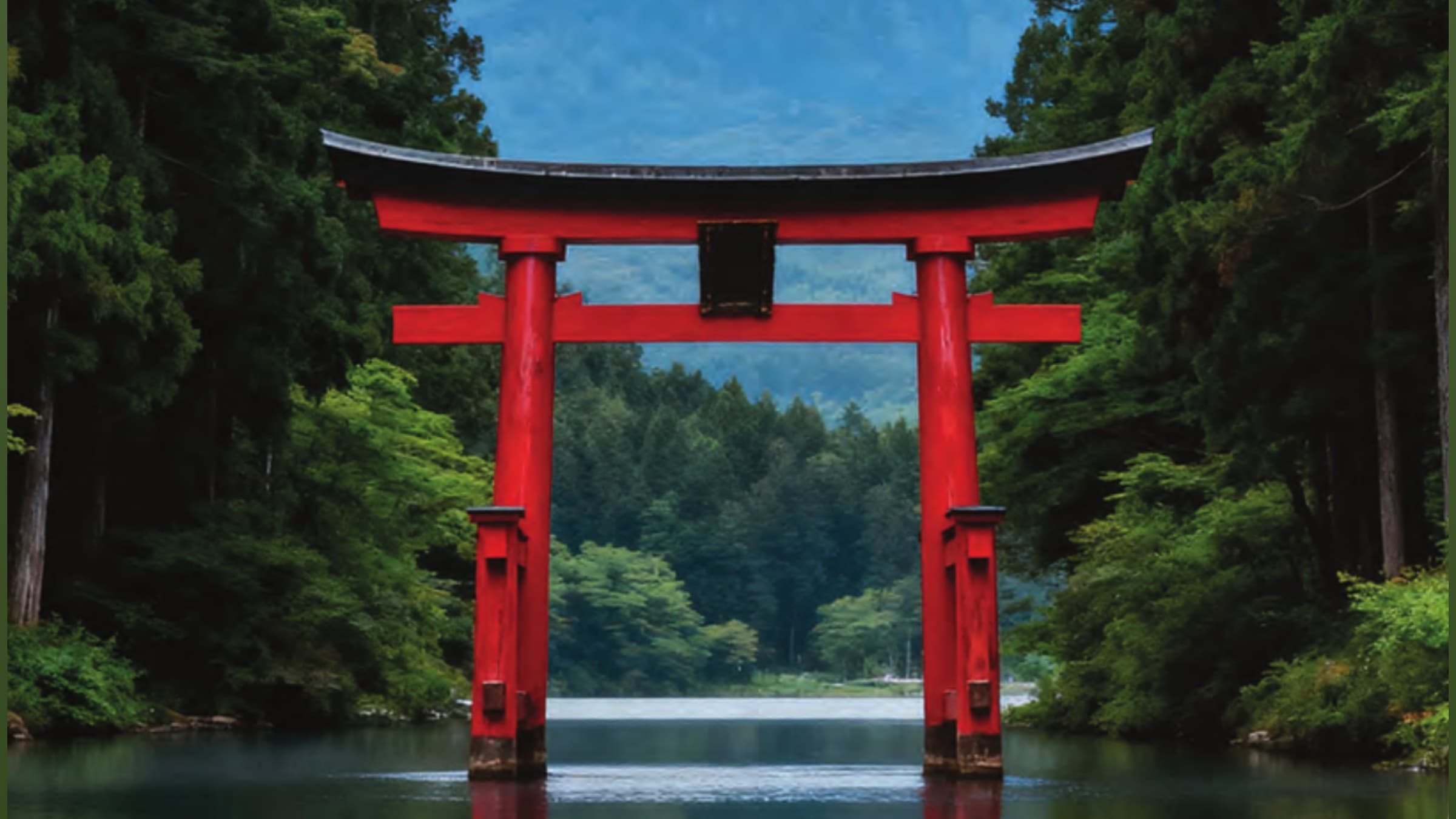 Portal torii diante de um lago cercado por floresta e montanha