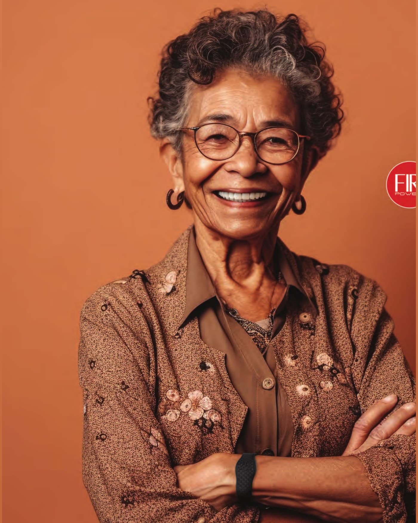 Mulher sorridente usando bracelete com tecnologia FIR Power
